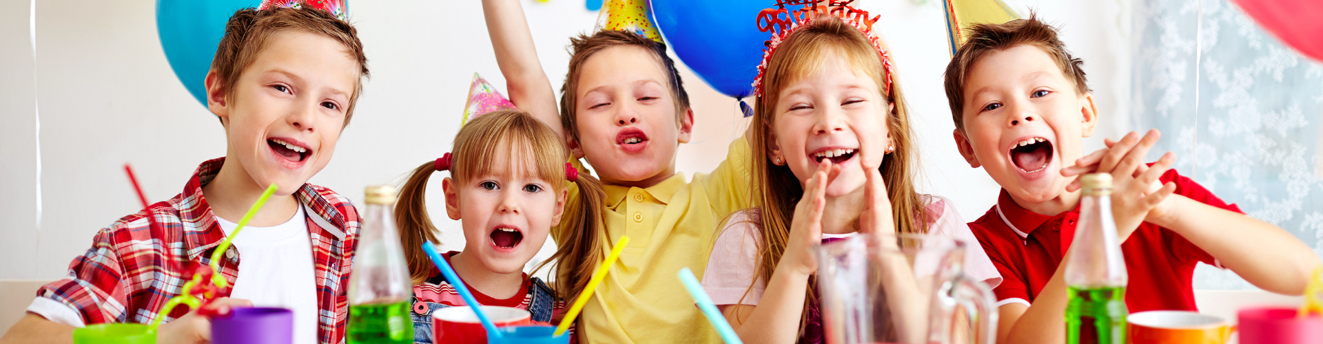 Birthday Parties Header | 5 young kids celebrating at a birthday party