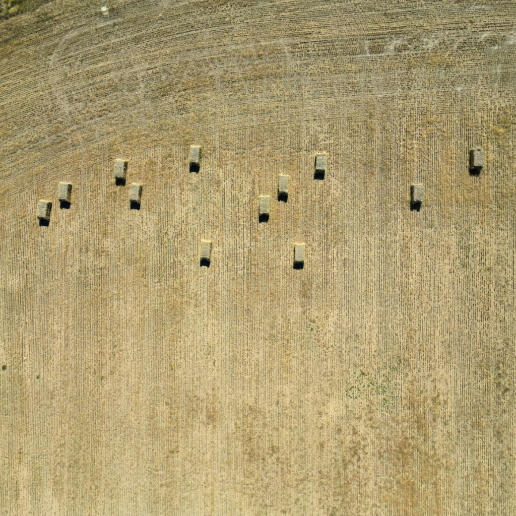 Country Park drone shot of wheat field with bales of wheat