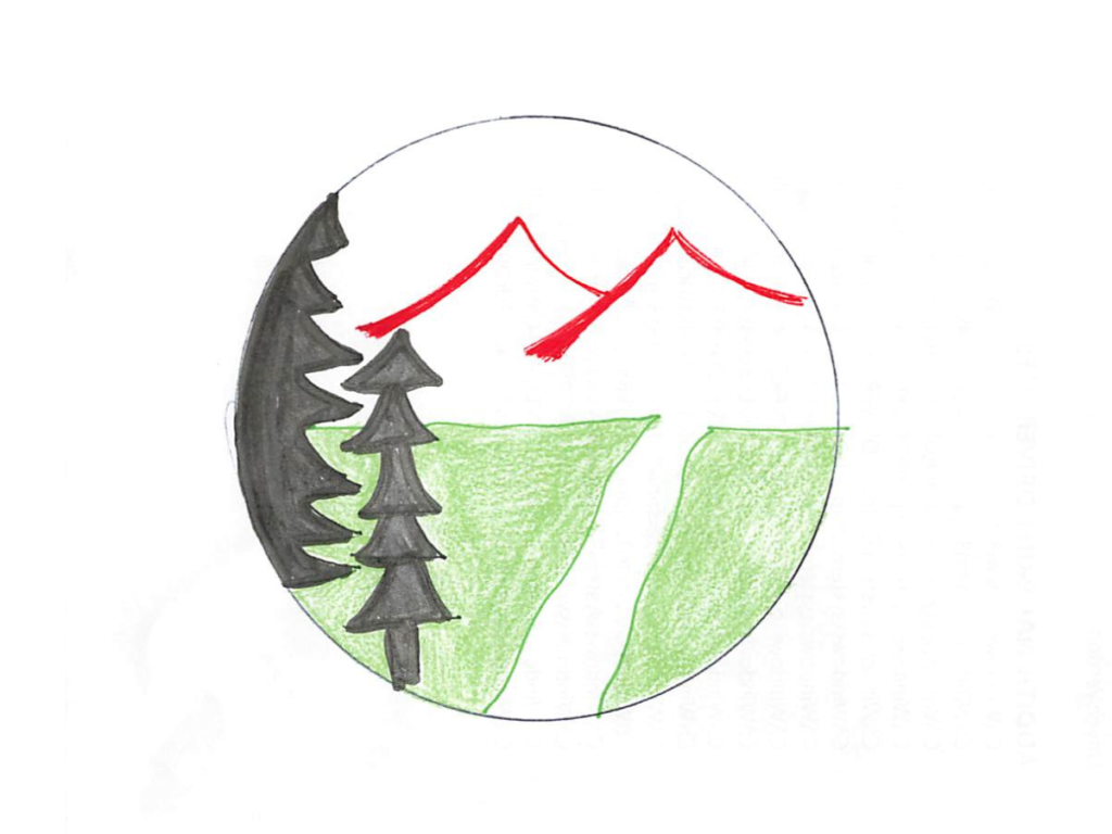 Rebrand Blog | rough sketch of a circle with pine trees, grass, a path, and mountains inside