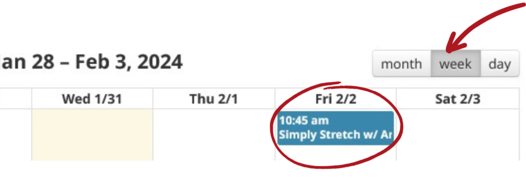 Image showing the Calendar View in Amilia for Drop-in Fitness with an arrow pointing at "week" and a circle around the class you want to cancel