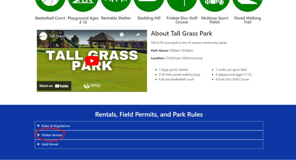 How to Reserve a Shelter | Screenshot of the Tall Grass Park page, with the "Shelter Rentals" section under Rentals, Field Permits, and Park Rules, circled.