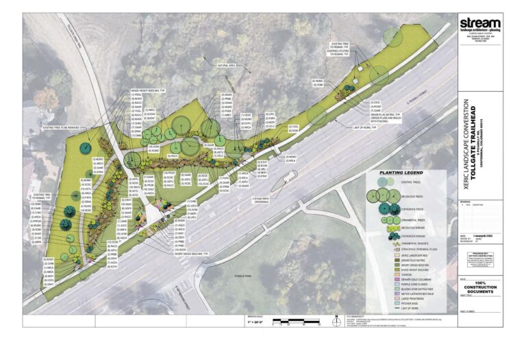 Toll Gate Open Space Xeriscape Project | sketch highlighting the new paths, benches, plants, and xeriscape concept for Toll Gate Open Space