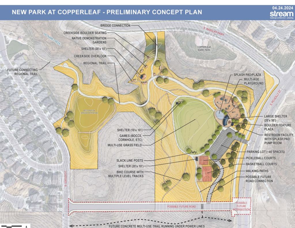 Copperleaf Parcel Preliminary Concept: Includes a couple of shelters, game sections, multi-use sports area, bike course with different levels, splash pad, playground, restrooms, boulder feature, parking lot, pickleball courts, basketball courts, walking paths, and boulder seating.