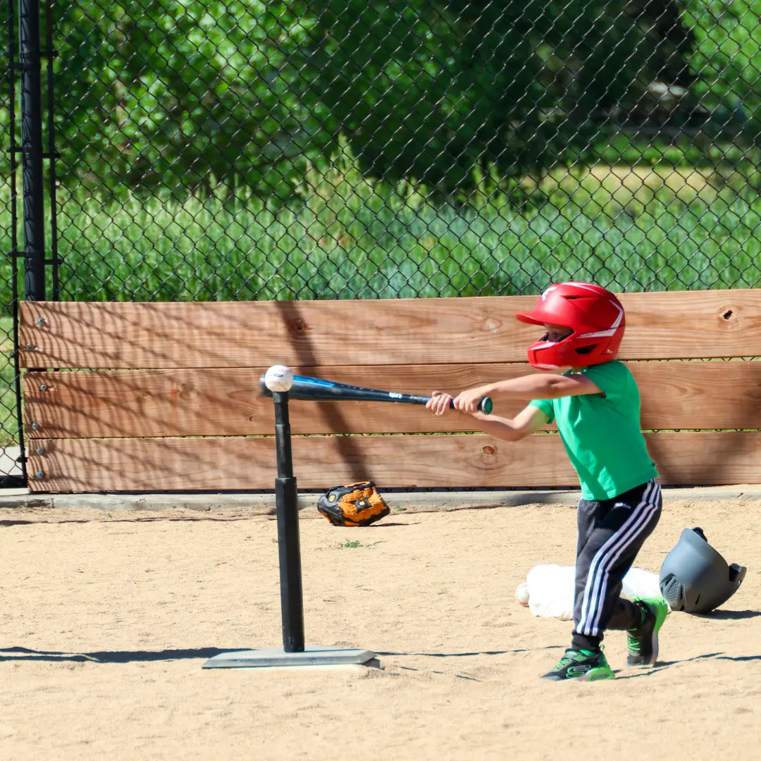 In the Zone Baseball | a young boy at home plate using a bat to hit a baseball on a t-stand