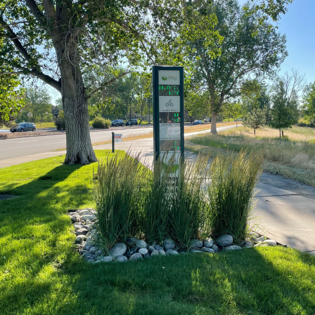 New Trail Counter Blog | Image of a new trail counter at Piney Creek Trail Trailhead that displays the date, temperature, daily bikers and walkers, and yearly bikers and walkers.