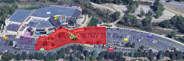 Parking Lot Closure for HVAC Installation Map | Map of the Trails Recreation Center with the main entrance and parts of the east and west parking lots shaded in red to indicate they'll be inaccessible during this project.