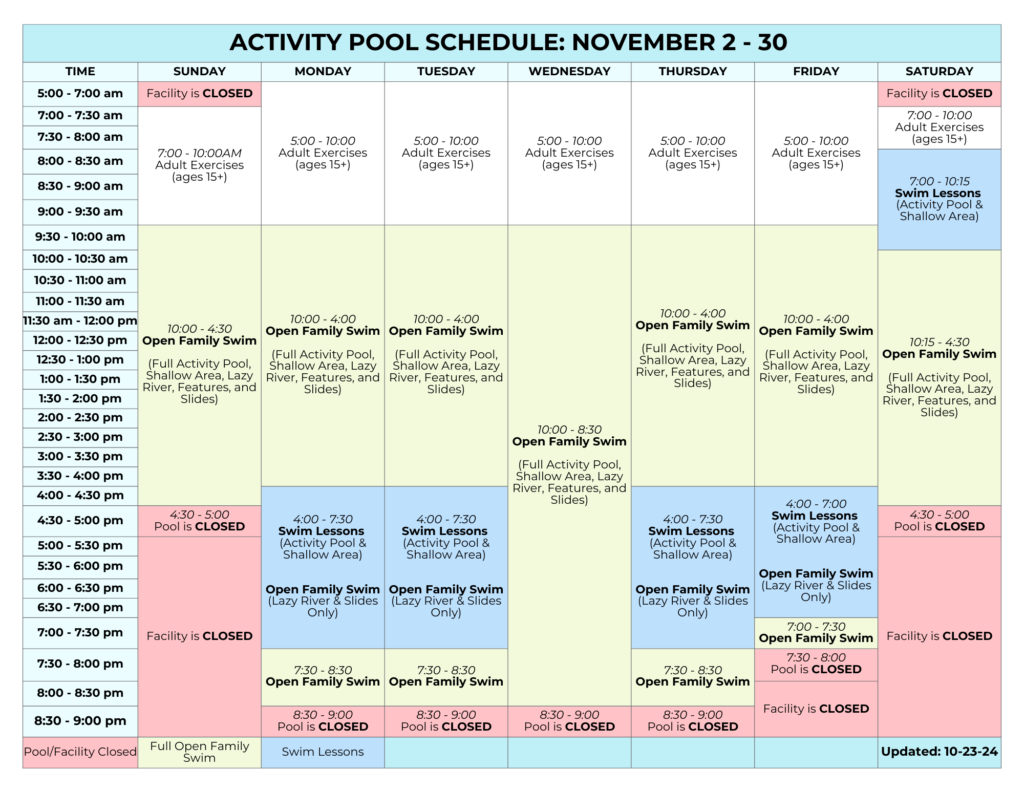 November Activity Pool Schedule | Daily and hourly color-coded breakdown of when adult exercise, open family swim, and swim lessons are.