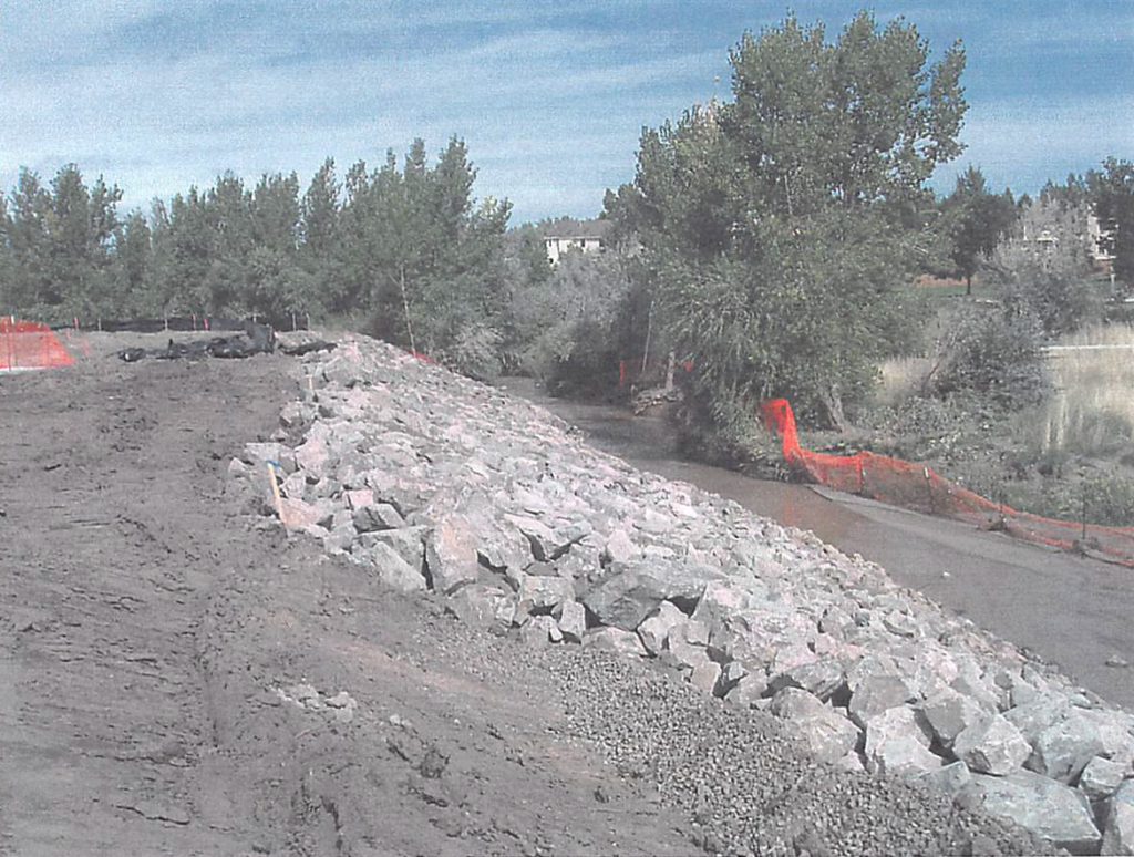 September 2003 Construction Pictures: Completed rock Rip-Rap placement along Piney Creek