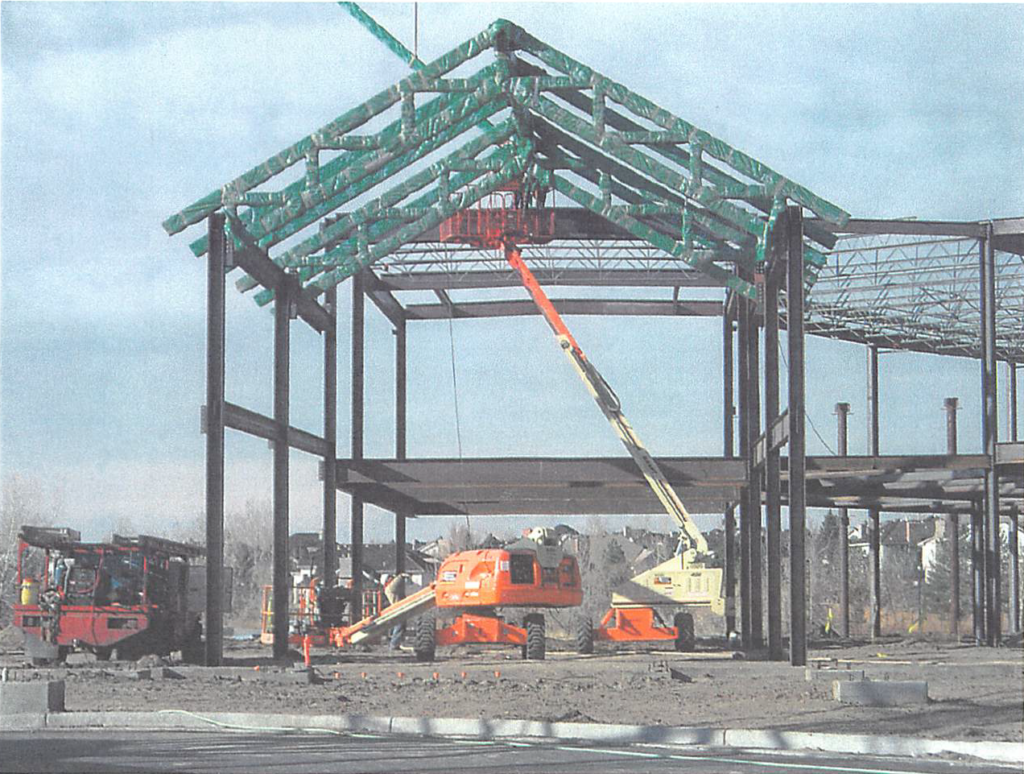 November 2003 Construction Pictures: main lobby wooden truss erection in progress