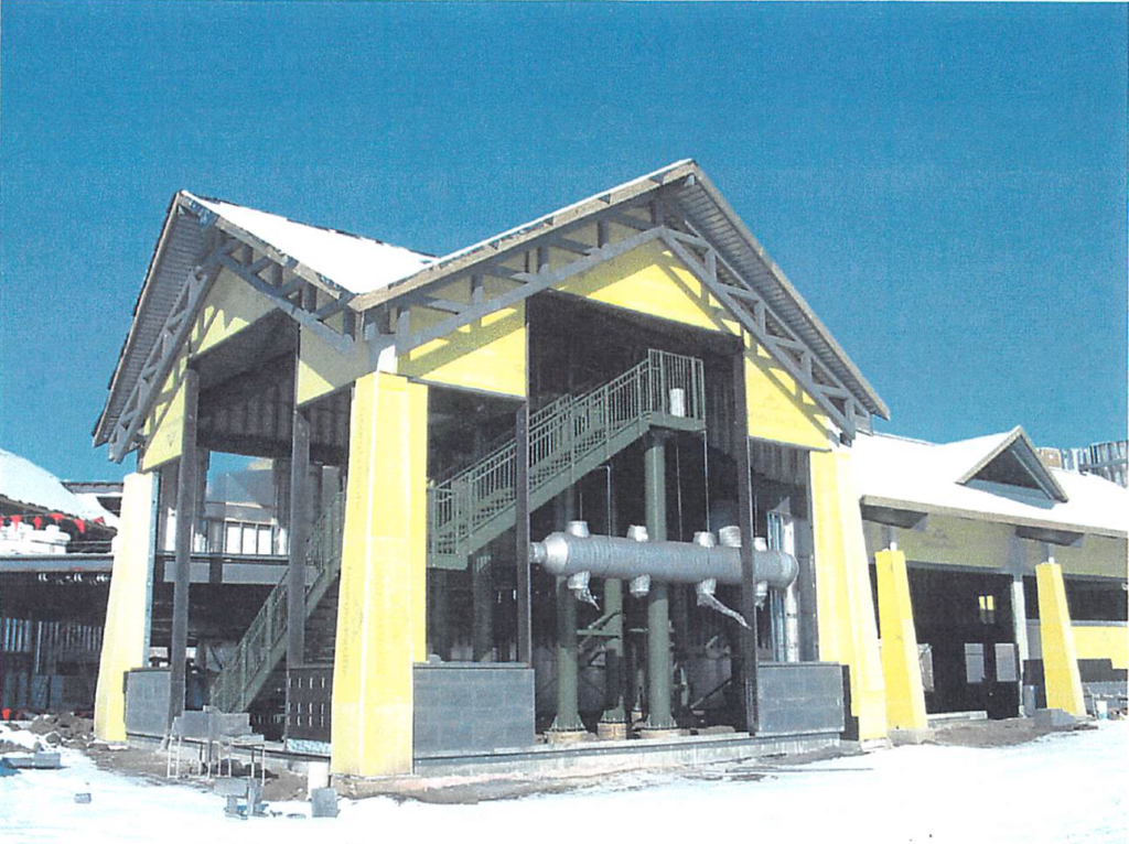 January 2004 Masonry and sheathing in progress at building exterior