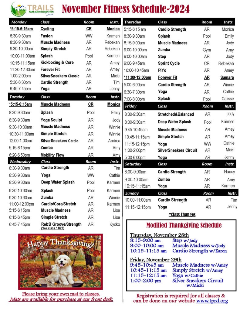 November Fitness Schedule | A breakdown of the daily and hourly drop-in fitness classes offered at the Trails