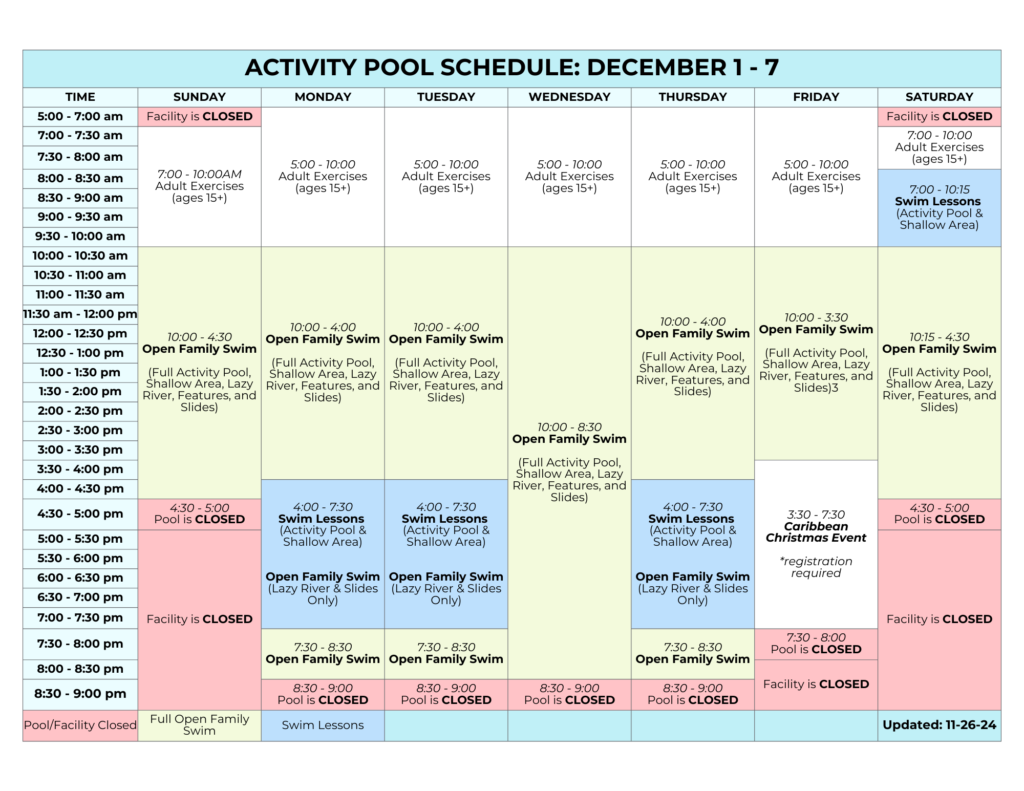 December Activity Pool Schedule | Daily and hourly color-coded breakdown of when adult exercise, open family swim, and swim lessons are for the week of December 1-9