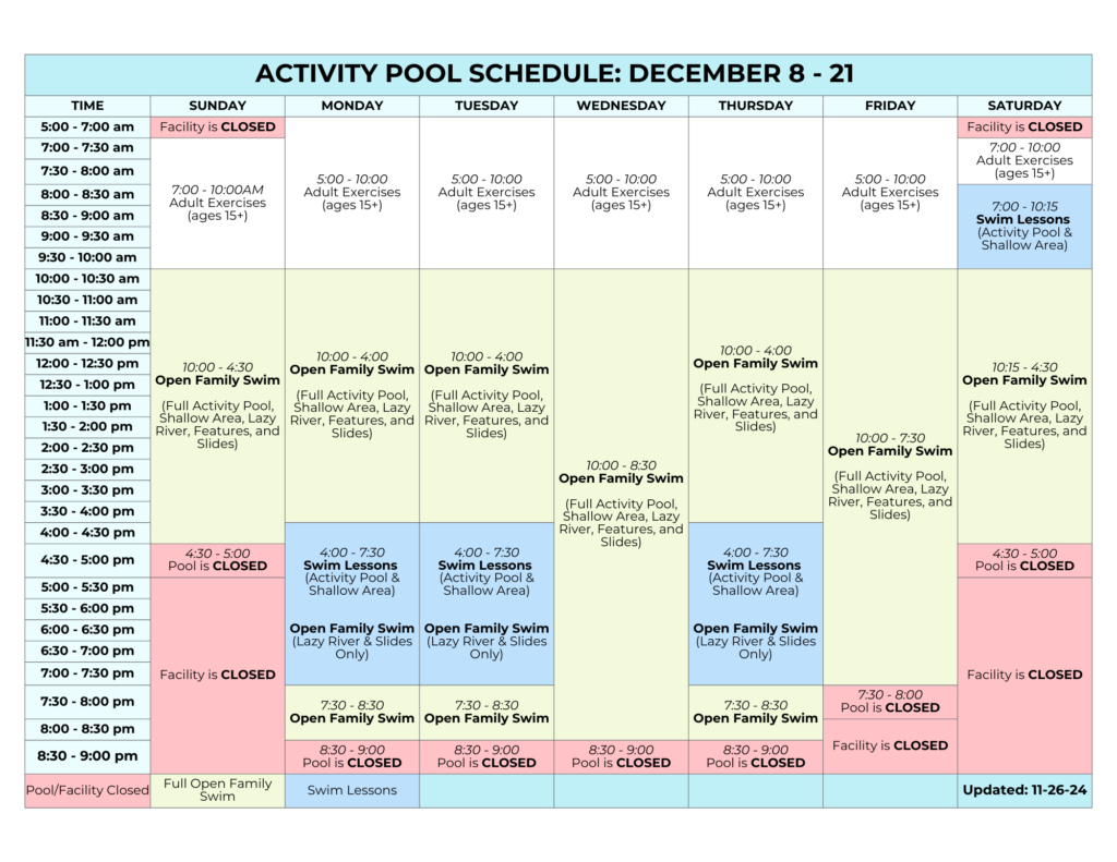 December Activity Pool Schedule | Daily and hourly color-coded breakdown of when adult exercise, open family swim, and swim lessons are for the week of December 8-21