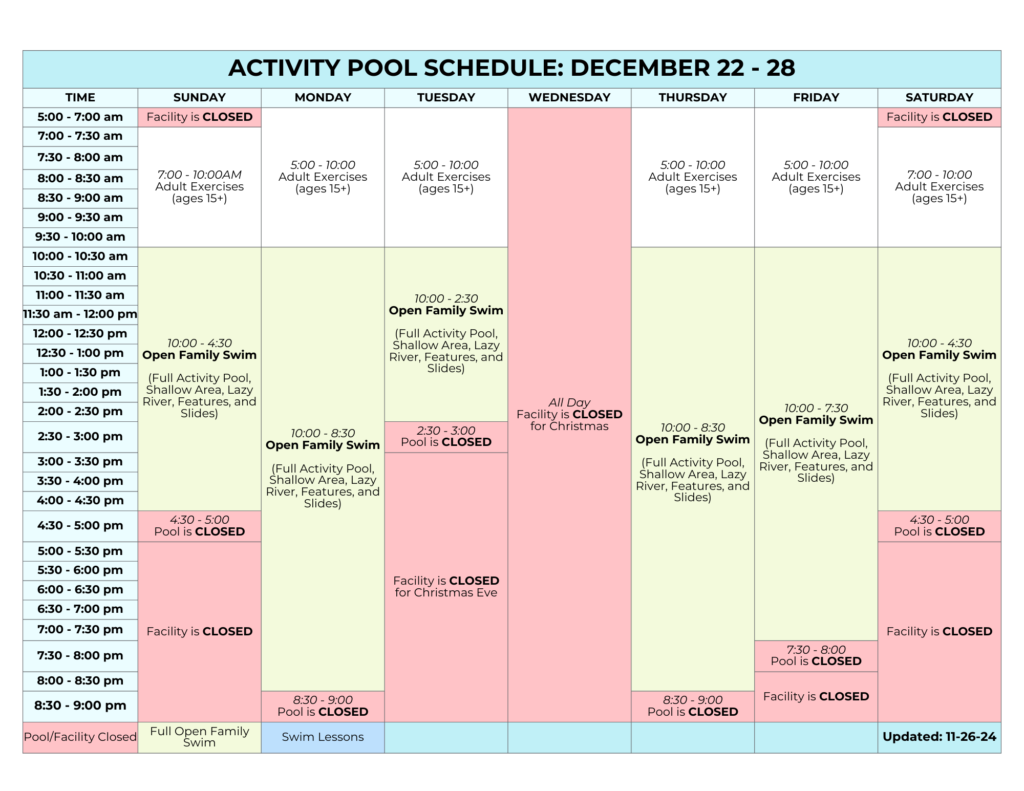 December Activity Pool Schedule | Daily and hourly color-coded breakdown of when adult exercise, open family swim, and swim lessons are for the week of December 22-28