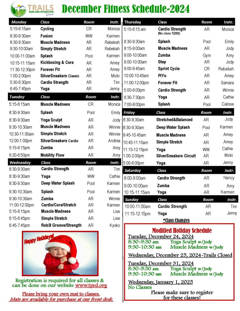 December 2024 Fitness Schedule | A breakdown of the daily and hourly drop-in fitness classes offered at the Trails