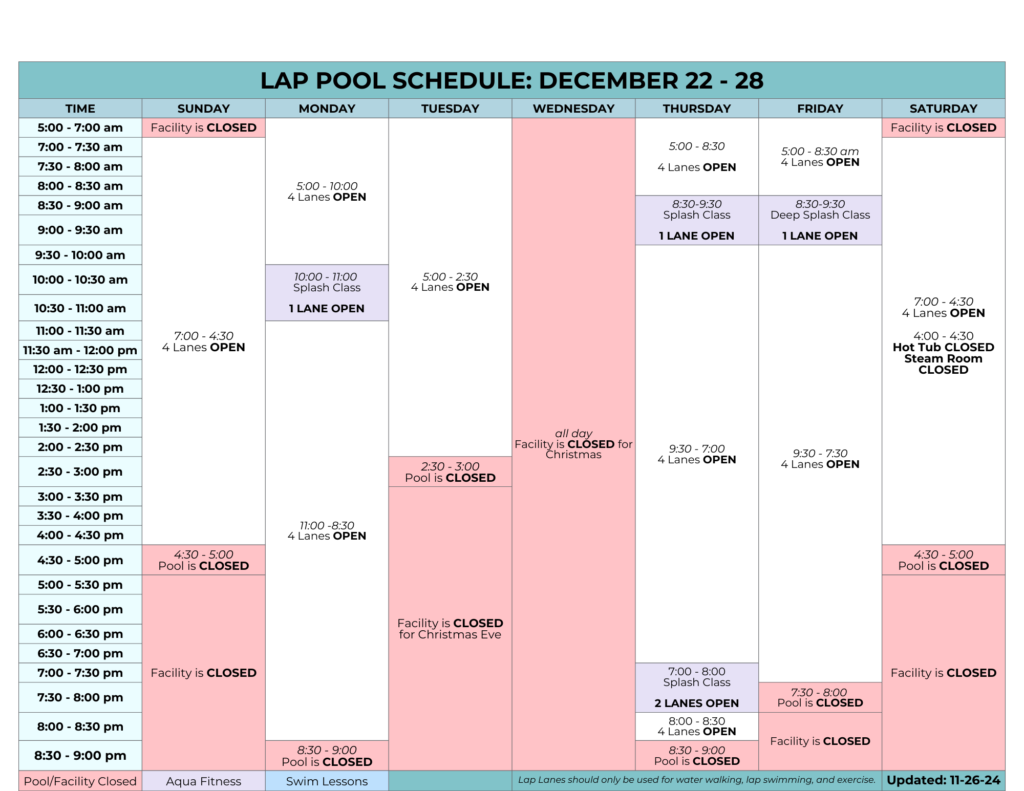 December Lap Pool Schedule | Daily and hourly color-coded breakdown of when aqua fitness classes, swim lessons, and open lap lane swimming are for the week of December 22-28