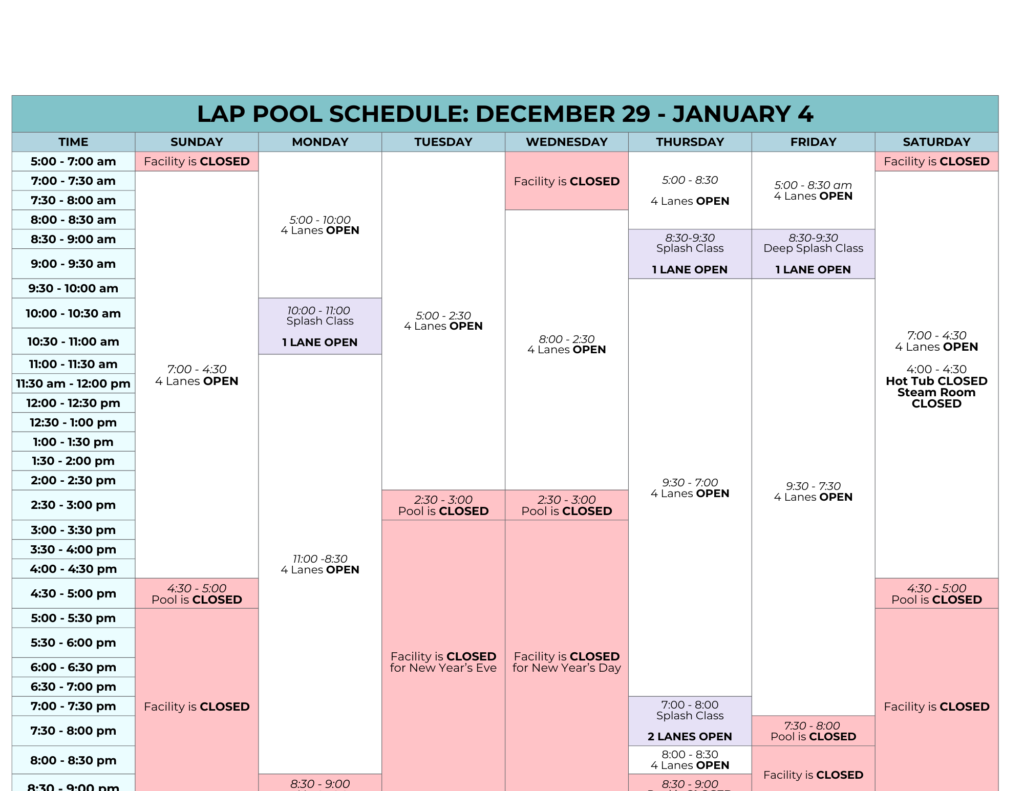 December Lap Pool Schedule | Daily and hourly color-coded breakdown of when aqua fitness classes, swim lessons, and open lap lane swimming are for the week of December 29-January 4