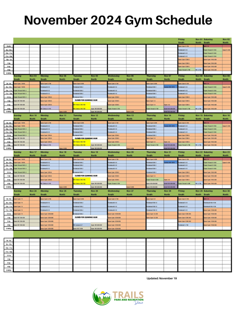 November Gym Schedule | a color-coded hourly and daily breakdown of what's happening on both sides of our gym. Updated Nov 19 2024