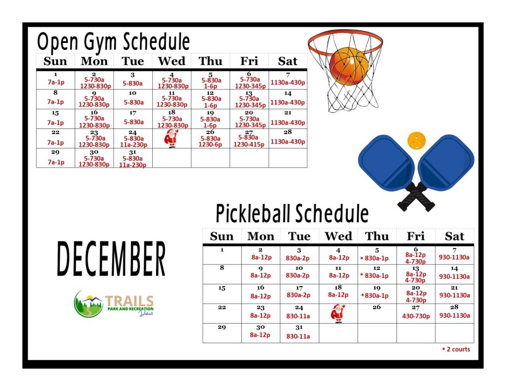 December Pickleball and Open Gym Schedule | A breakdown of the daily and hourly drop-in pickleball and basketball times.