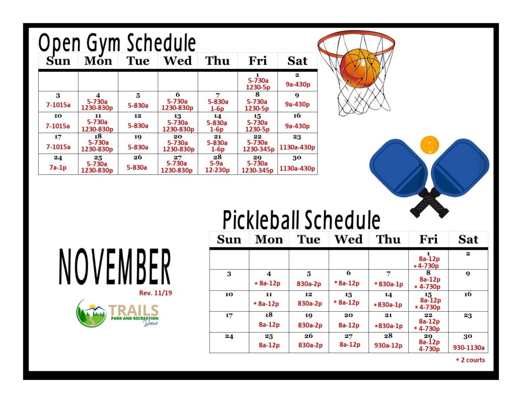 November Pickleball and Basketball Schedule | schedule showing the daily drop-in times for pickleball and basketball (updated 11/19)