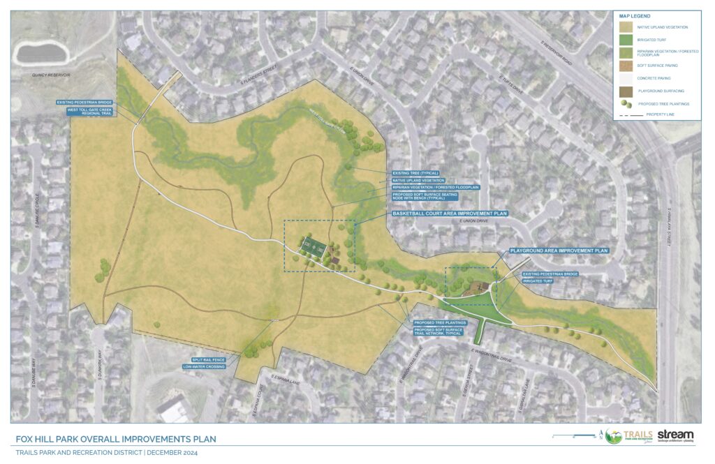 Fox Hill Improvement Plan | Overall park improvements including formalizing social trails, split rail fence, basketball court, new shade structure, climbing boulder, and new play equipment.