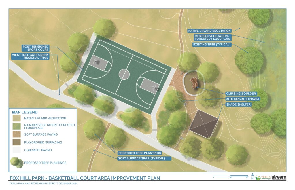 Fox Hill Improvement Plan: Basketball Court | New basketball court, climbing boulder, soft surface trail, and shade structure.