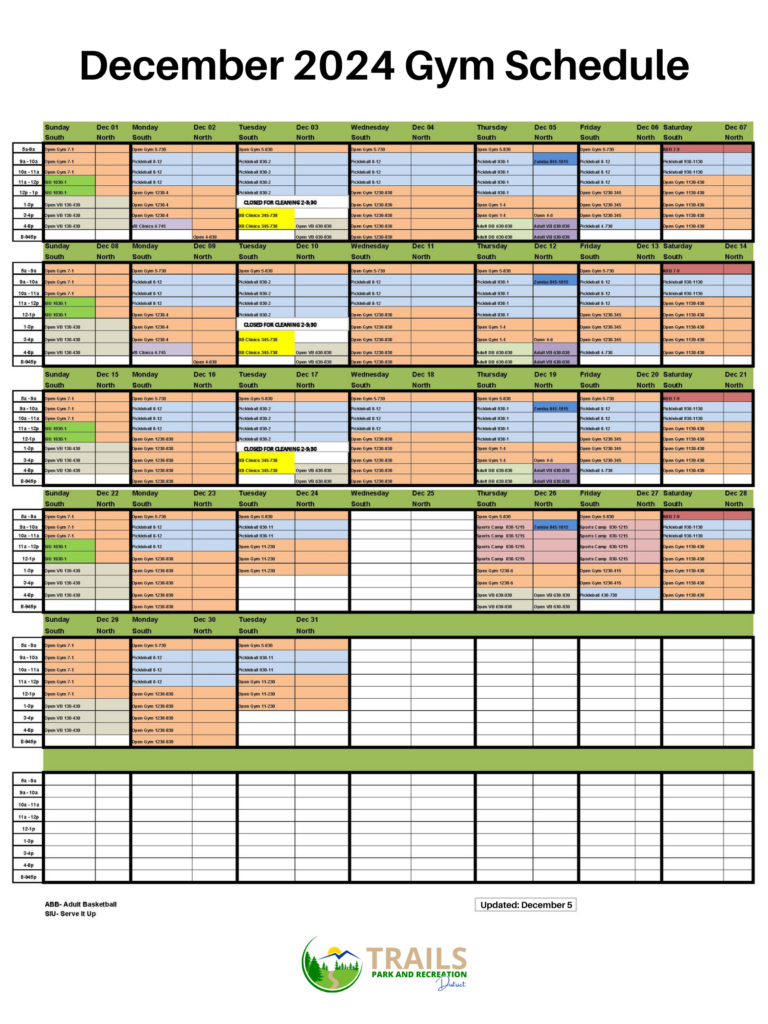 December 2024 Gym Schedule | a color-coded hourly and daily breakdown of what's happening on both sides of our gym (updated 12-5-2024)