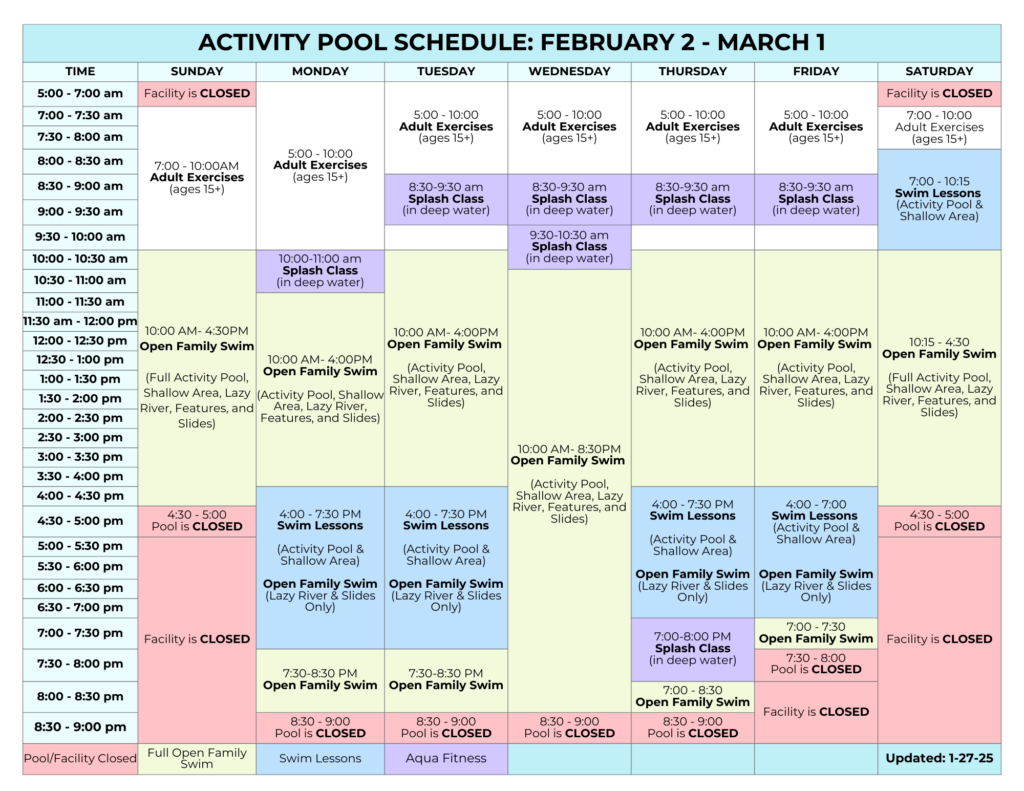 February Activity Pool Schedule | Daily and hourly color-coded breakdown of when adult exercise, open family swim, and swim lessons are for the month of February.