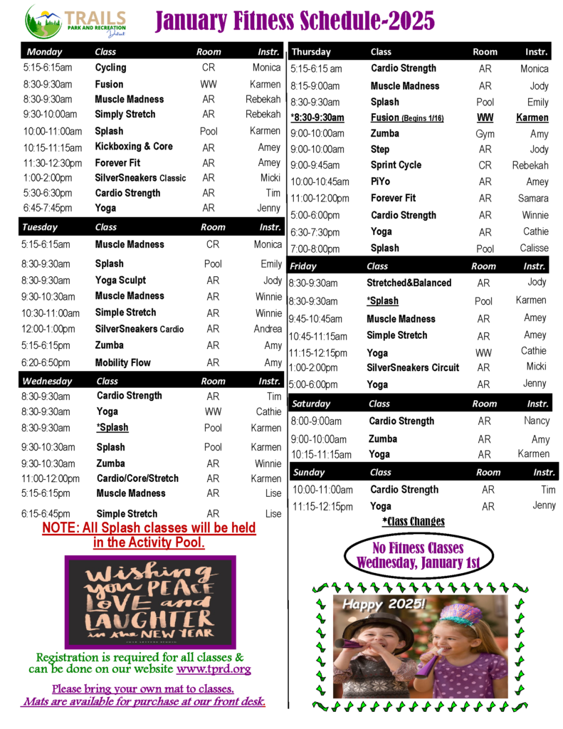 January 2025 Fitness Schedule | A breakdown of the daily and hourly drop-in fitness classes offered at the Trails. Updated Jan 3, 2025