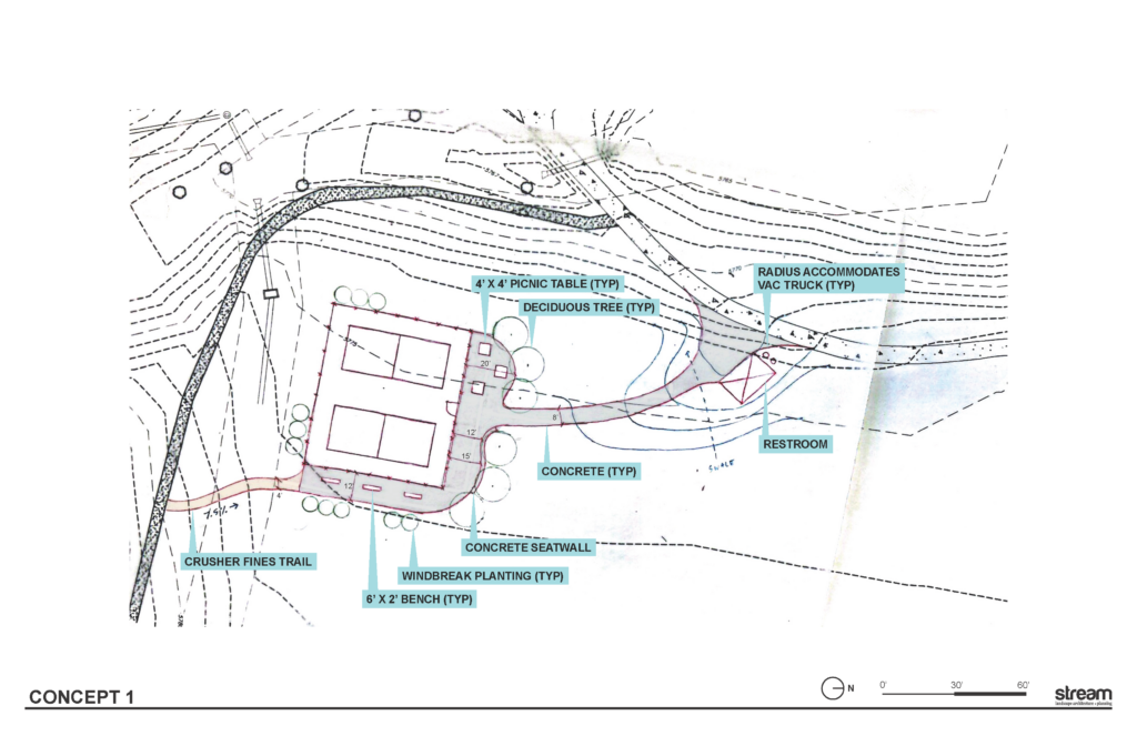 Improvements to Tall Grass Update 1 | Hand-drawn map showing the new locations for the restroom, pickleball courts, path, and amenities at Tall Grass Park